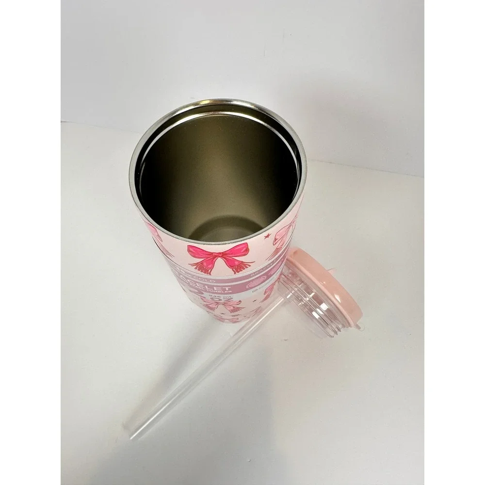 Manna Bracelet Tumbler Women 32oz‎ Pink NEW 3D Bow Stainless Steel Straw Handle